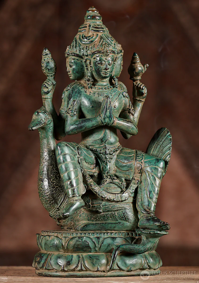 Brahma Brass Statue Seated on Swan with Four Faces and Namaste Hands, Indonesia 12"