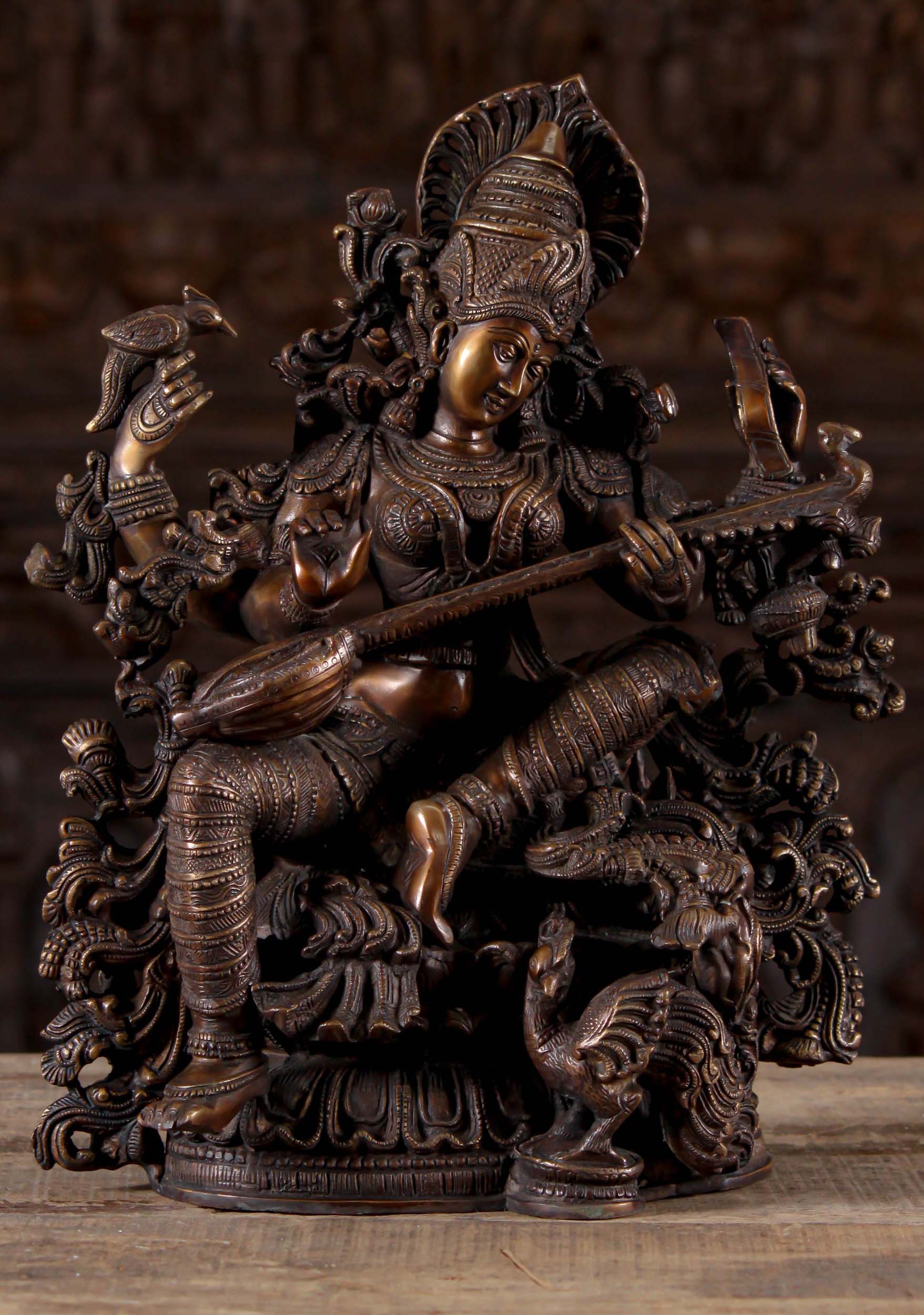 Saraswati Statue the Hindu Goddess of Wisdom Playing Veena with Peacock & Parrot 16"