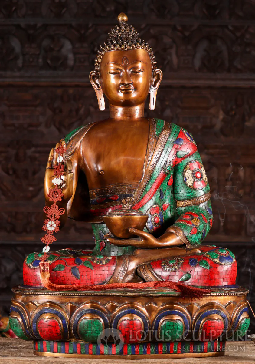 Buddha Statue in Vitarka Mudra Brass with Colored Stone Decoration, Full Lotus Position 35"