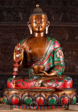Buddha Statue in Vitarka Mudra Brass with Colored Stone Decoration, Full Lotus Position 35" Buddha Statue in Vitarka Mudra Brass with Colored Stone Decoration, Full Lotus Position 35"