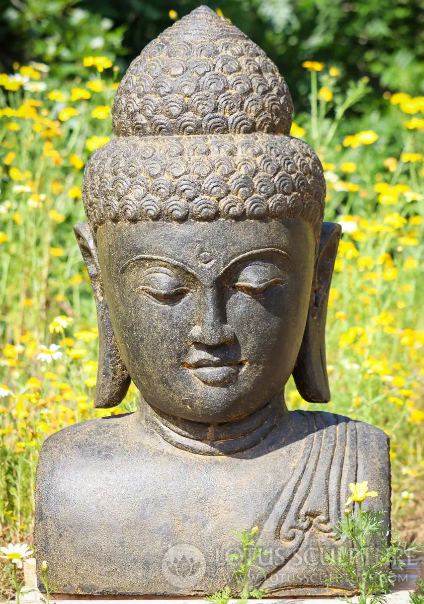 Buddha Lava Stone Garden Sculpture Bust with Ushnisha and Long Earlobes, Indonesia 31"