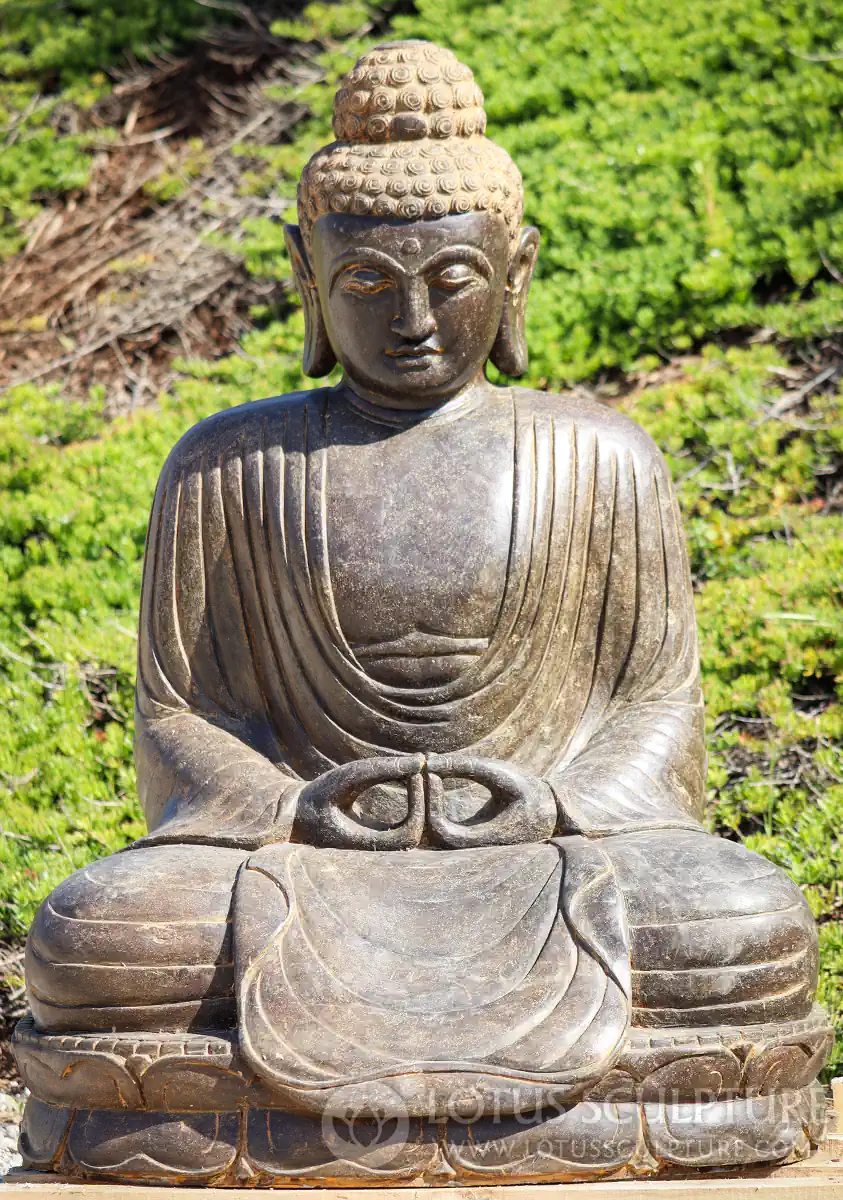 Buddha Garden Sculpture Saffron Colored in Full Robes & Dhyana Meditation Mudra 43"