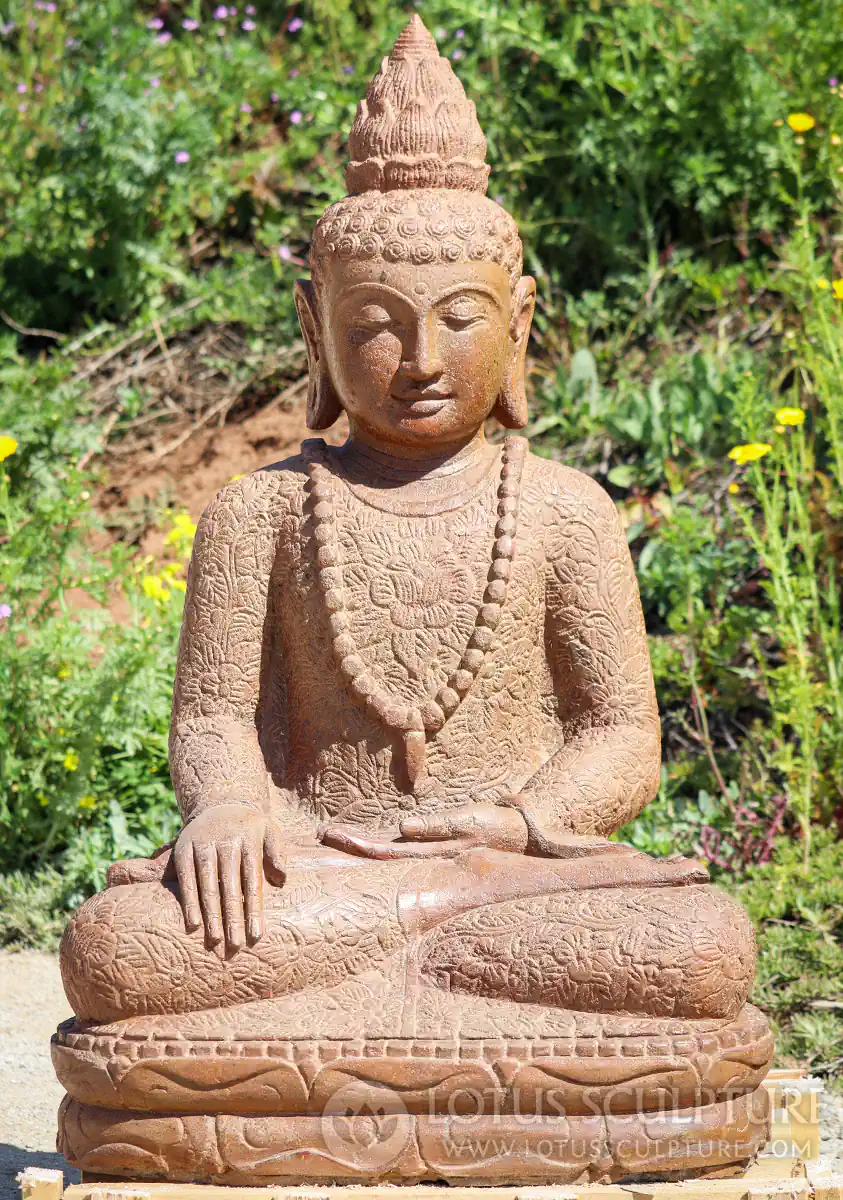 Buddha Lava-Stone Garden Statue Earth-Touching Mudra Brocade Robes& Mala 40"