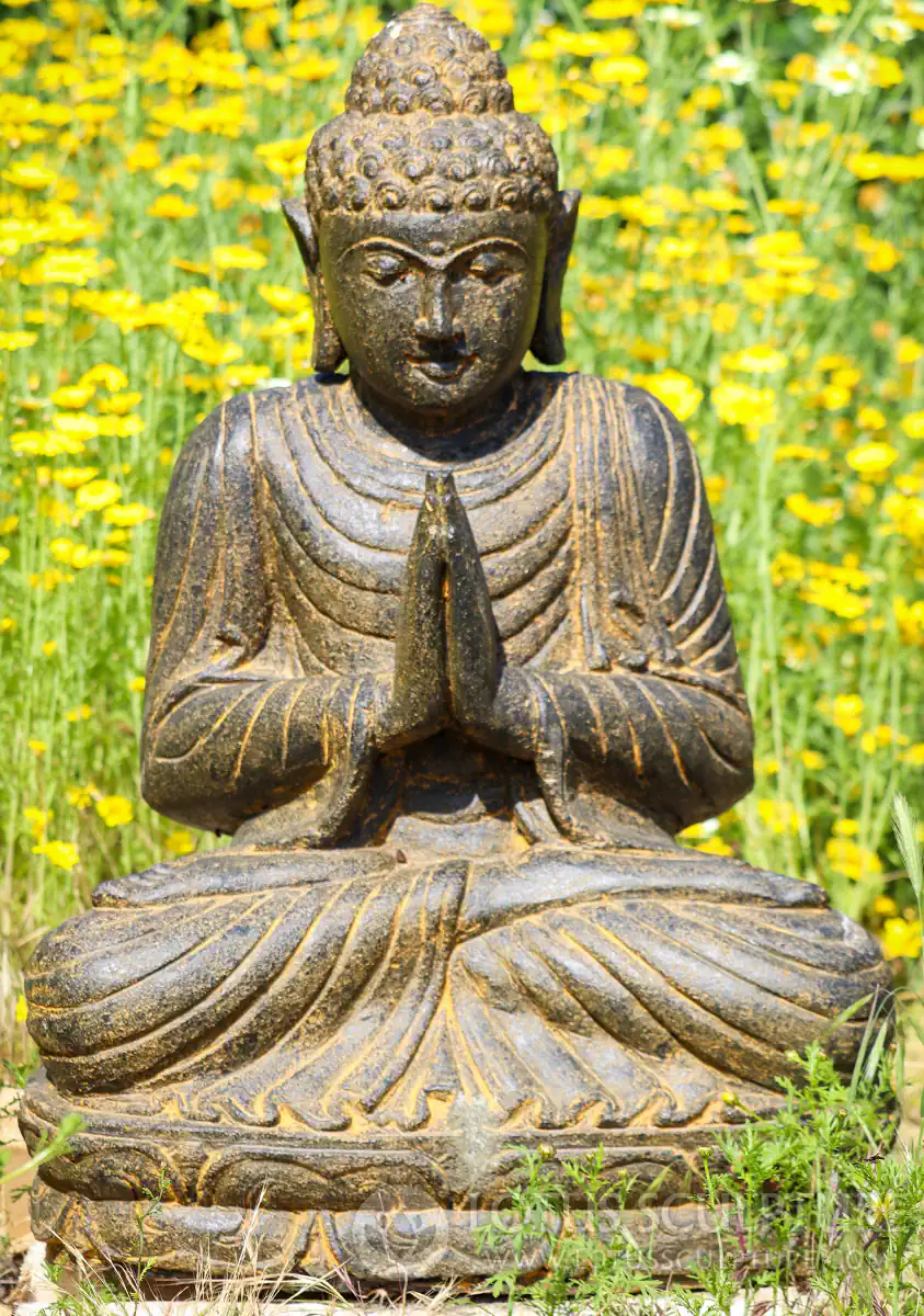 Buddha Lava Stone Garden Sculpture Namaste Mudra Seated on Lotus, Indonesia 31"
