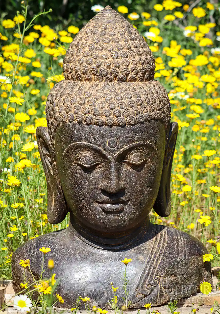 Buddha Lava Stone Garden Sculpture Bust with Third Eye, Ushnisha, Long Earlobes 32"
