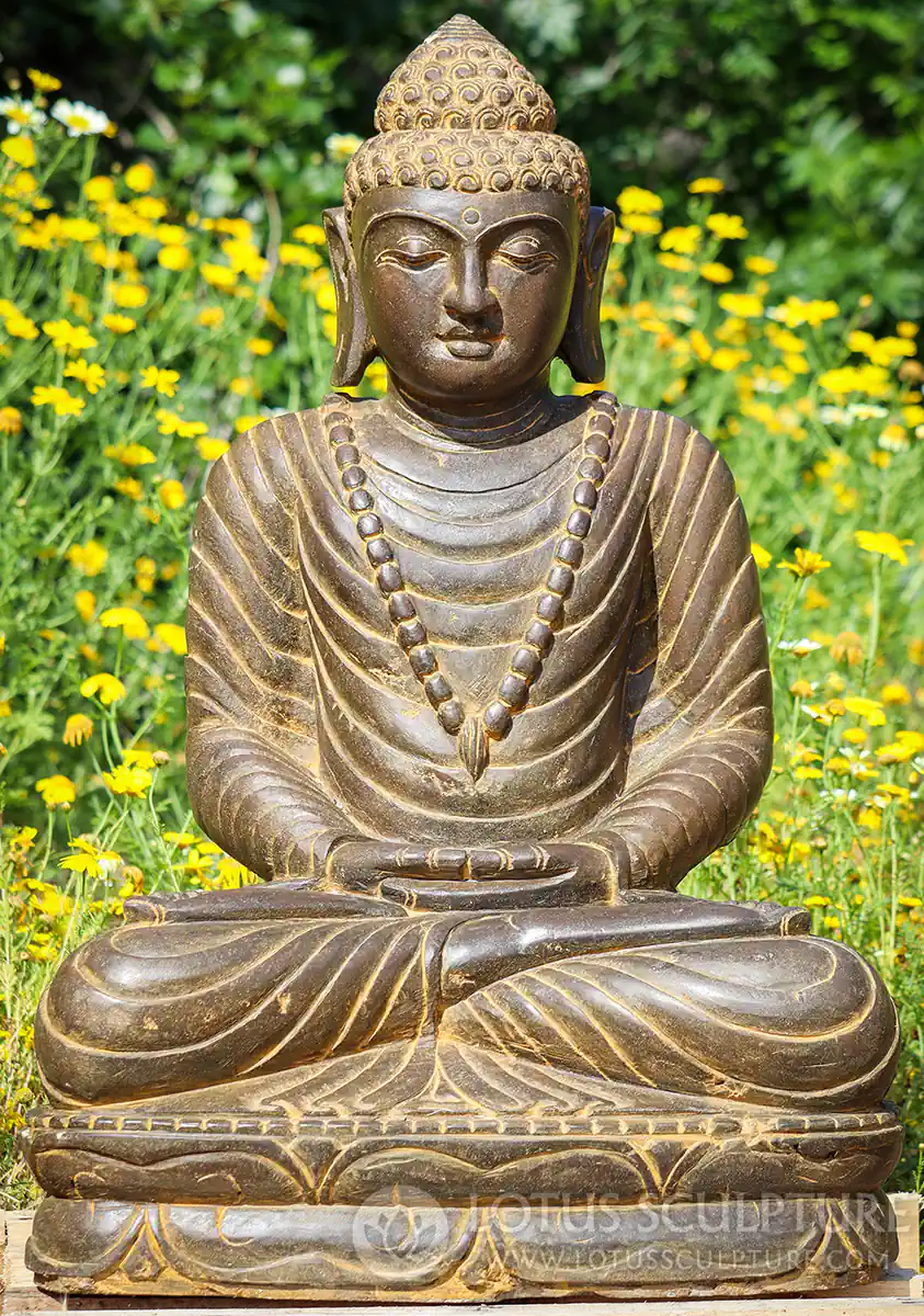 Buddha Lava Stone Garden Sculpture Meditating in Dhyana Mudra with Mala Necklace 34"