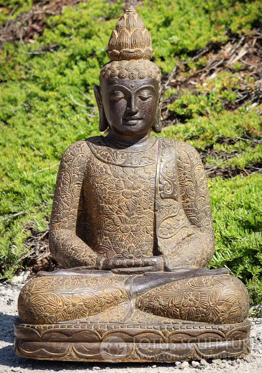 Buddha Lava-Stone Sculpture Dhyana Mudra, Full Lotus Brocade, Indonesia 33"
