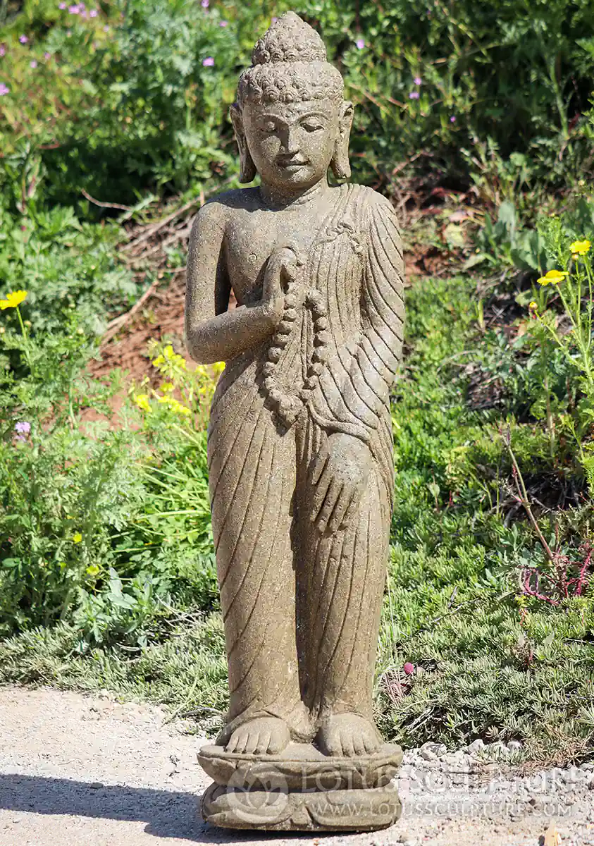 Buddha Lava Stone Standing Statue Vitarka Mudra with Mala Beads in Full Robes 42"