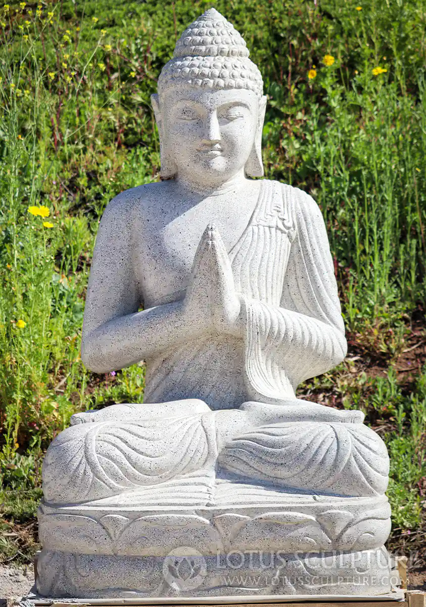 Buddha Garden Statue in Namaste or Anjali Mudra Unique White Terrazzo Stone 59"