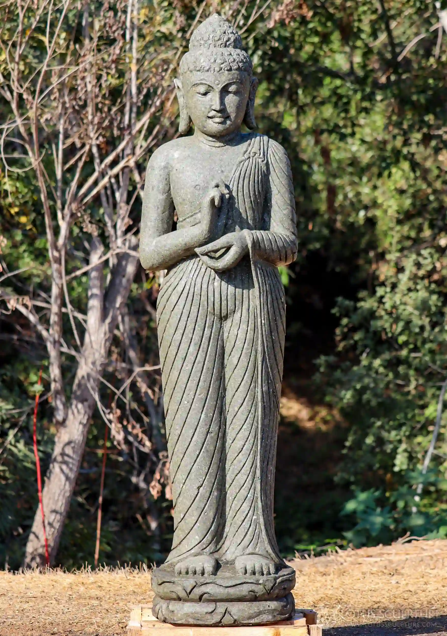 Buddha Stone Statue Standing in Dharma Chakra Mudra on Round Lotus Base 63"