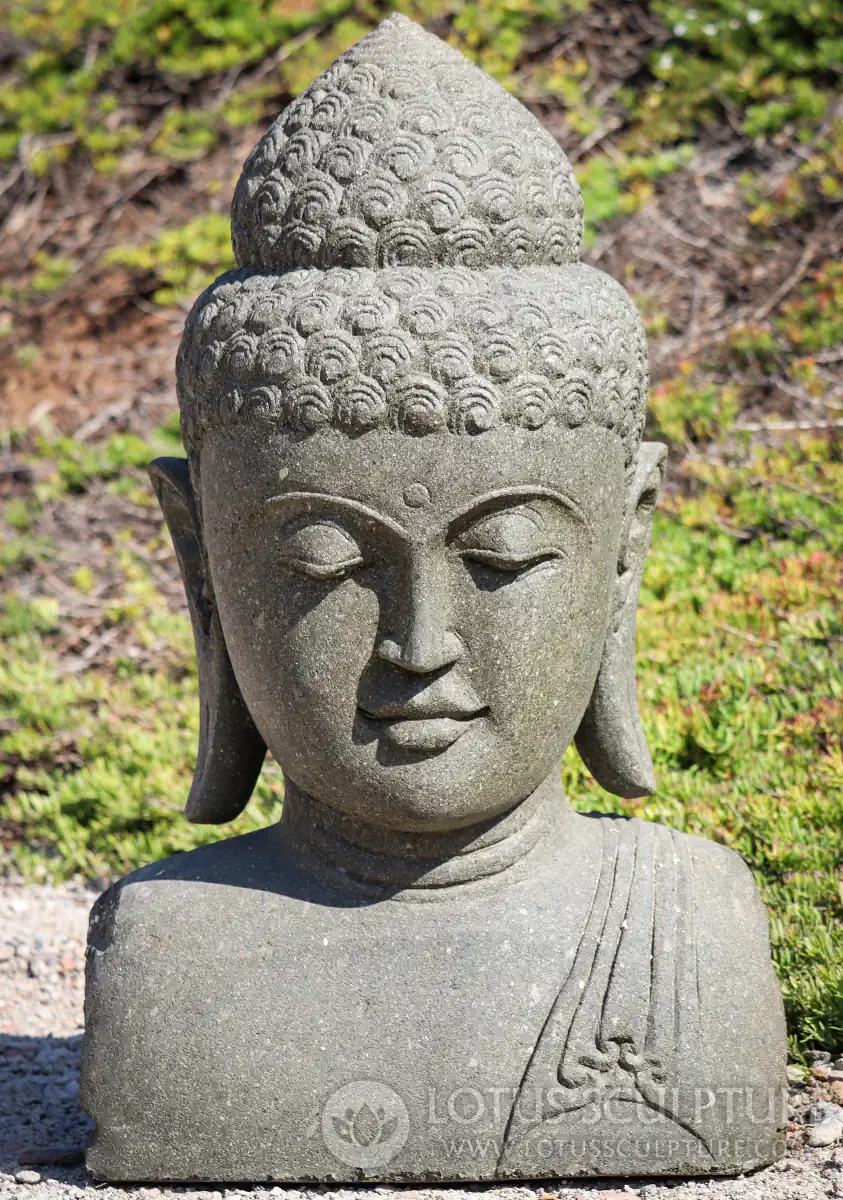 Buddha Lava Stone Head Sculpture Peaceful Bust for Garden, Indonesia 33"