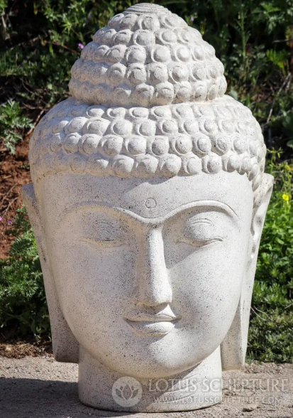 Buddha Head Large Garden Statue with Peaceful Expression White Terrazzo Sculpture 41"