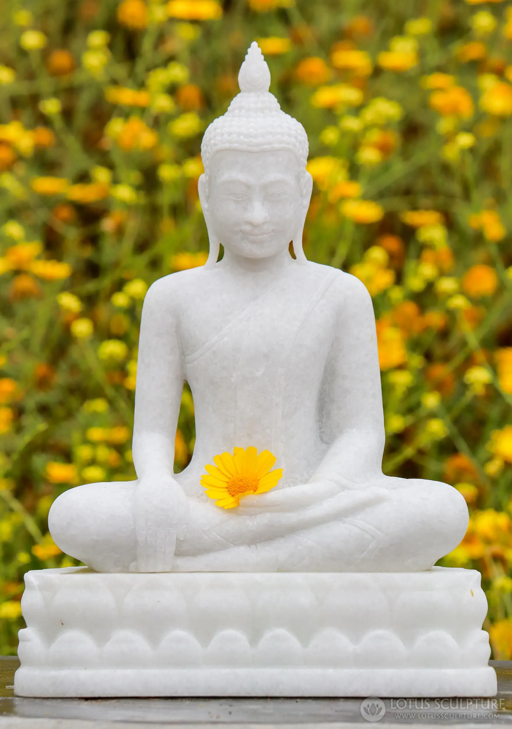 Buddha White Marble Statue in Earth Touching Mudra on Separate Lotus Base 16"