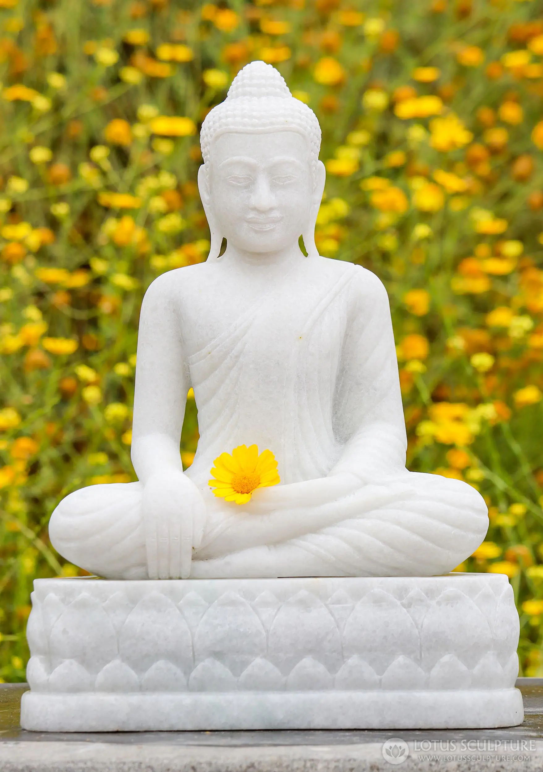 Buddha White Marble Statue in Earth Touching Mudra on Lotus Base 18"