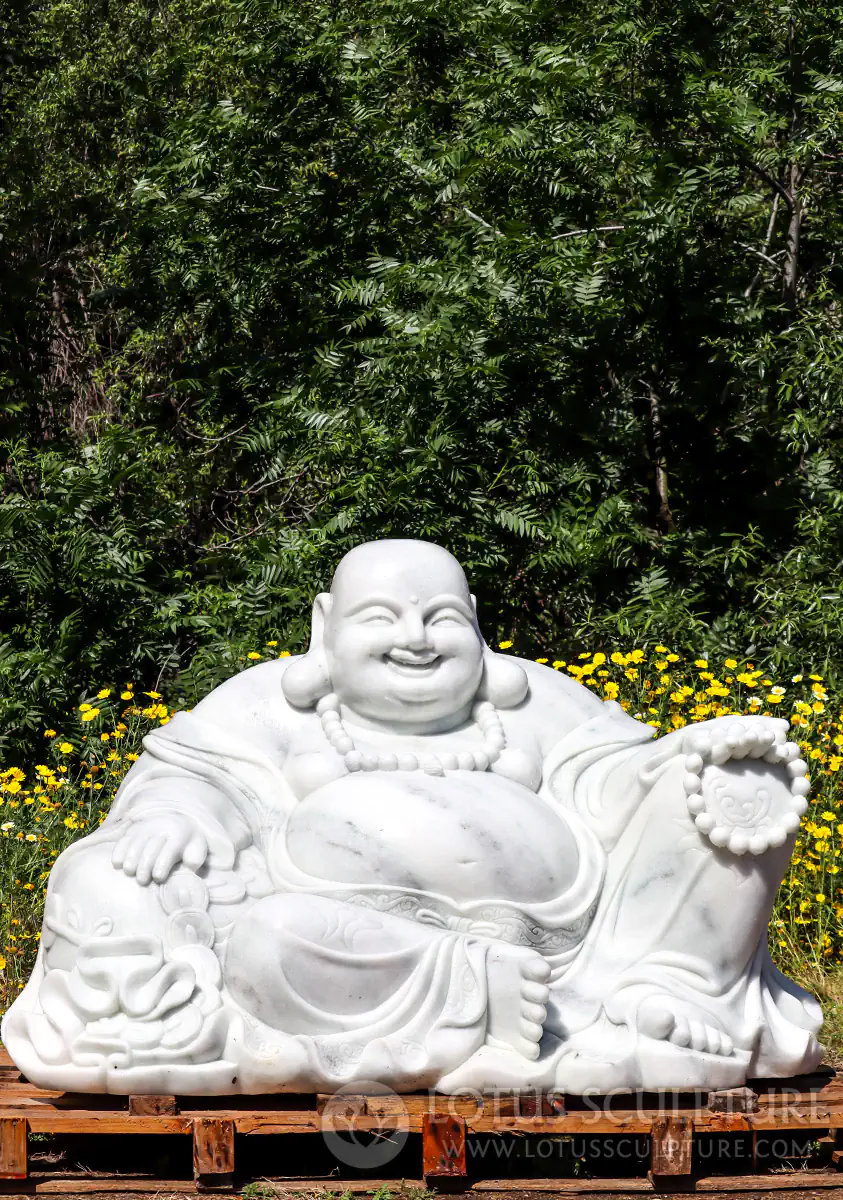 Buddha of Wealth Large White Marble Garden Sculpture Reclining with Mala on Sack of Gold 72"