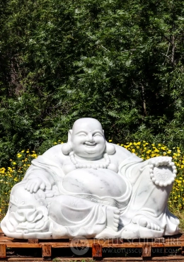 Buddha of Wealth Large White Marble Garden Sculpture Reclining with Mala on Sack of Gold 72" Buddha of Wealth Large White Marble Garden Sculpture Reclining with Mala on Sack of Gold 72"