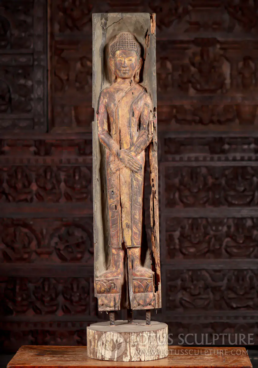 Buddha Reclaimed Teak Wood Sculpture Standing with Crossed Arms Antique 42"