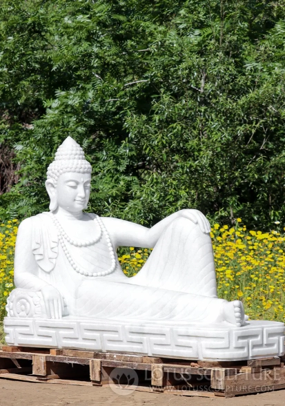 Buddha White Marble Garden Sculpture Reclining on Pillow in Full Robes from Vietnam 72"