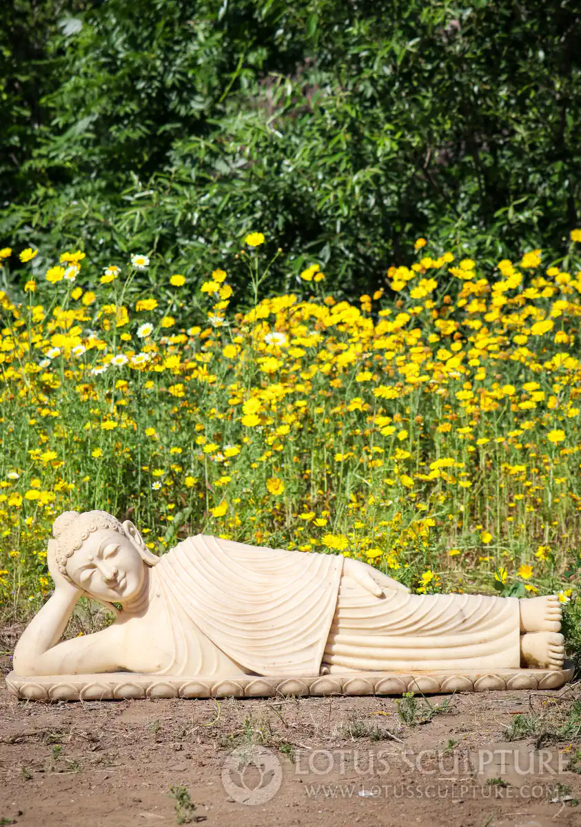 Buddha Marble Garden Sculpture Reclining Hand Carved with Sepia Antiqued Finish 43"
