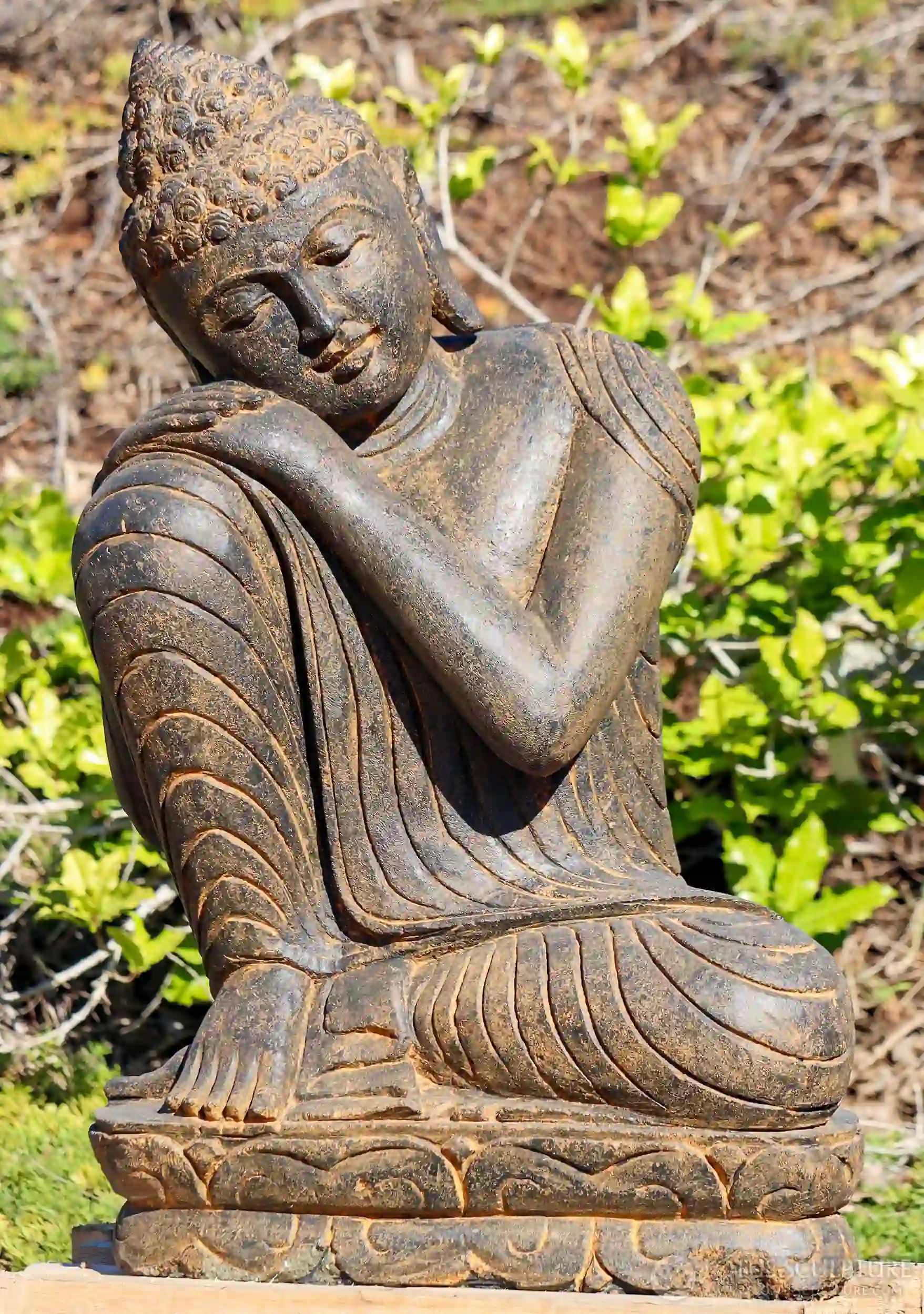 Buddha Garden Sculpture Dreaming Resting Saffron Colored in Full Robes on Lotus Base 33"