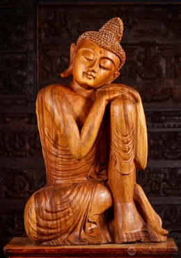 Wooden Dreaming Buddha Sculpture in Peaceful Resting Position Hand Carved Statue 40"