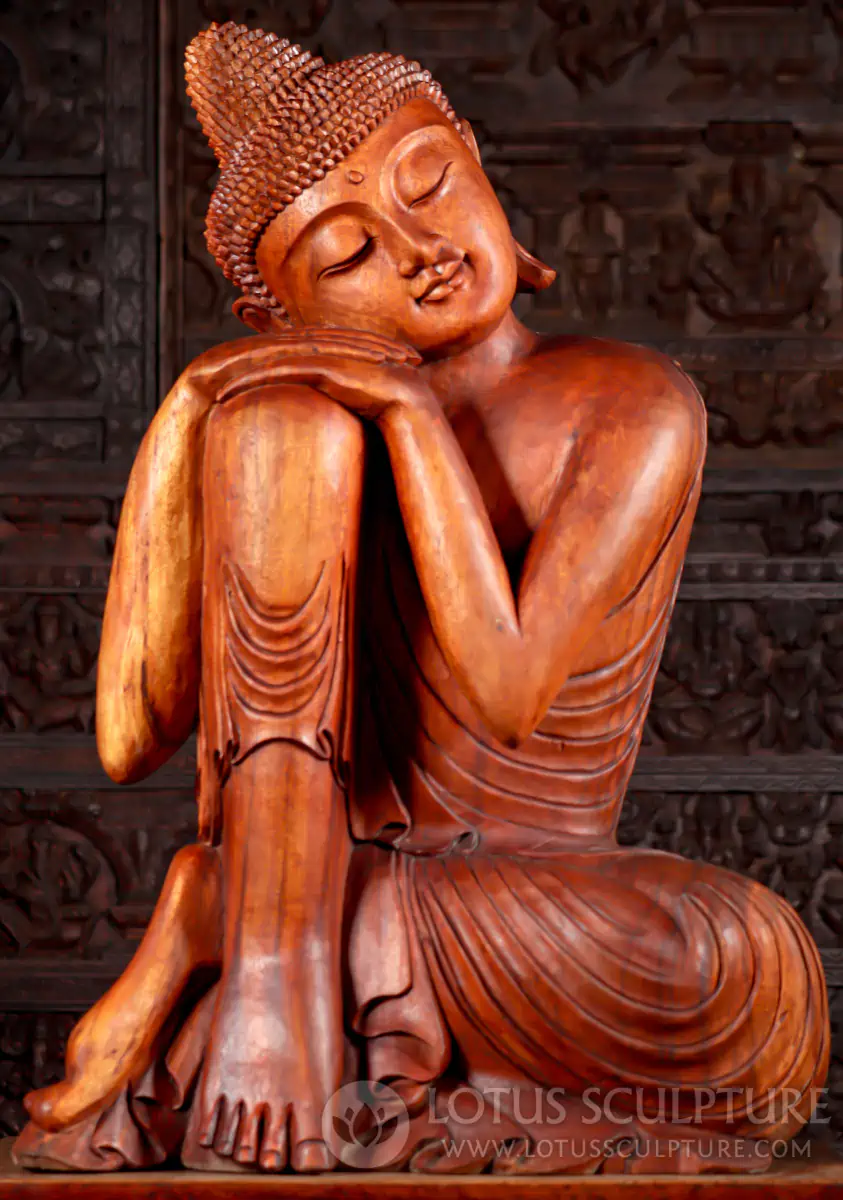 Buddha Wooden Sculpture Resting on Left Knee in Dream Pose Cared in Indonesia 39"