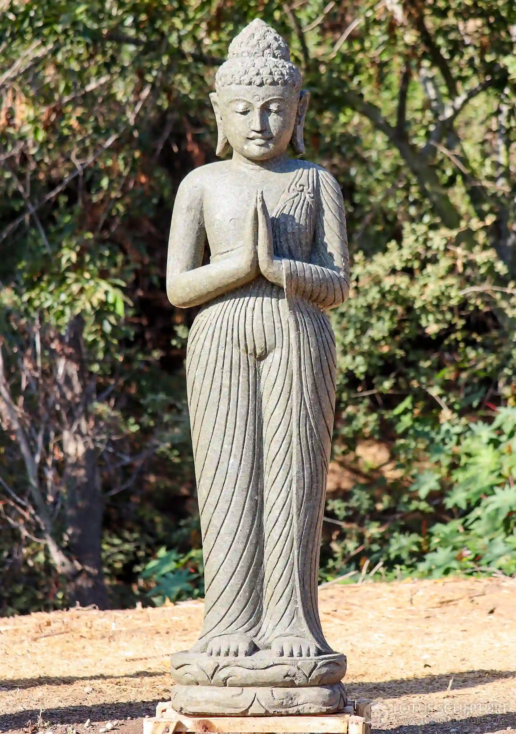 Buddha Lava Stone Garden Statue Standing in Anjali or Namaste Mudra on Lotus Base 62"