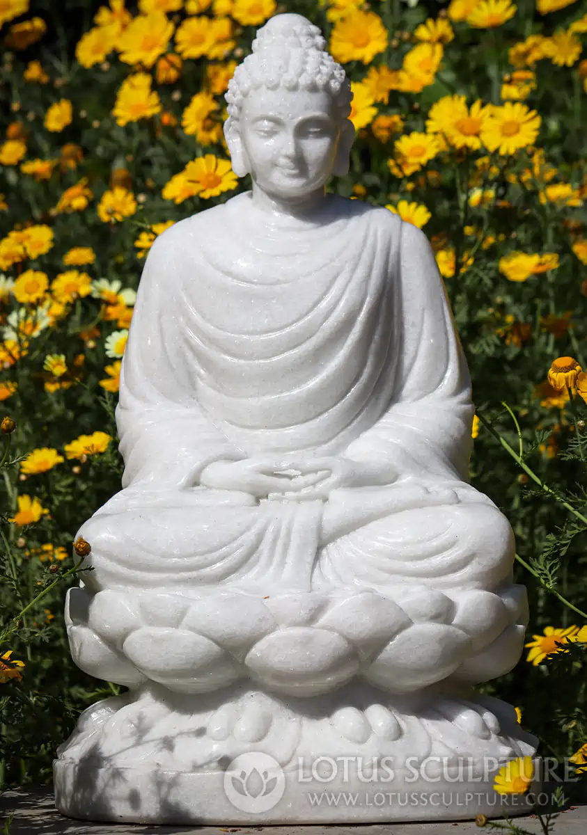 Buddha White Marble Garden Sculpture Meditating in Full Lotus on Lotus Base 25"