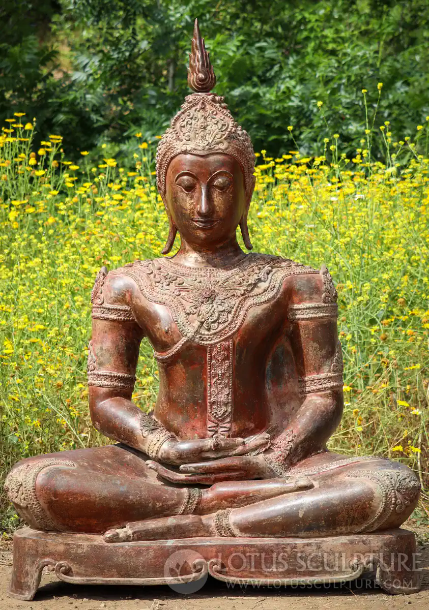 Thai Buddha Sculpture in Dhyana Mudra of Meditation with Beautiful Antique Brass Patina 58"