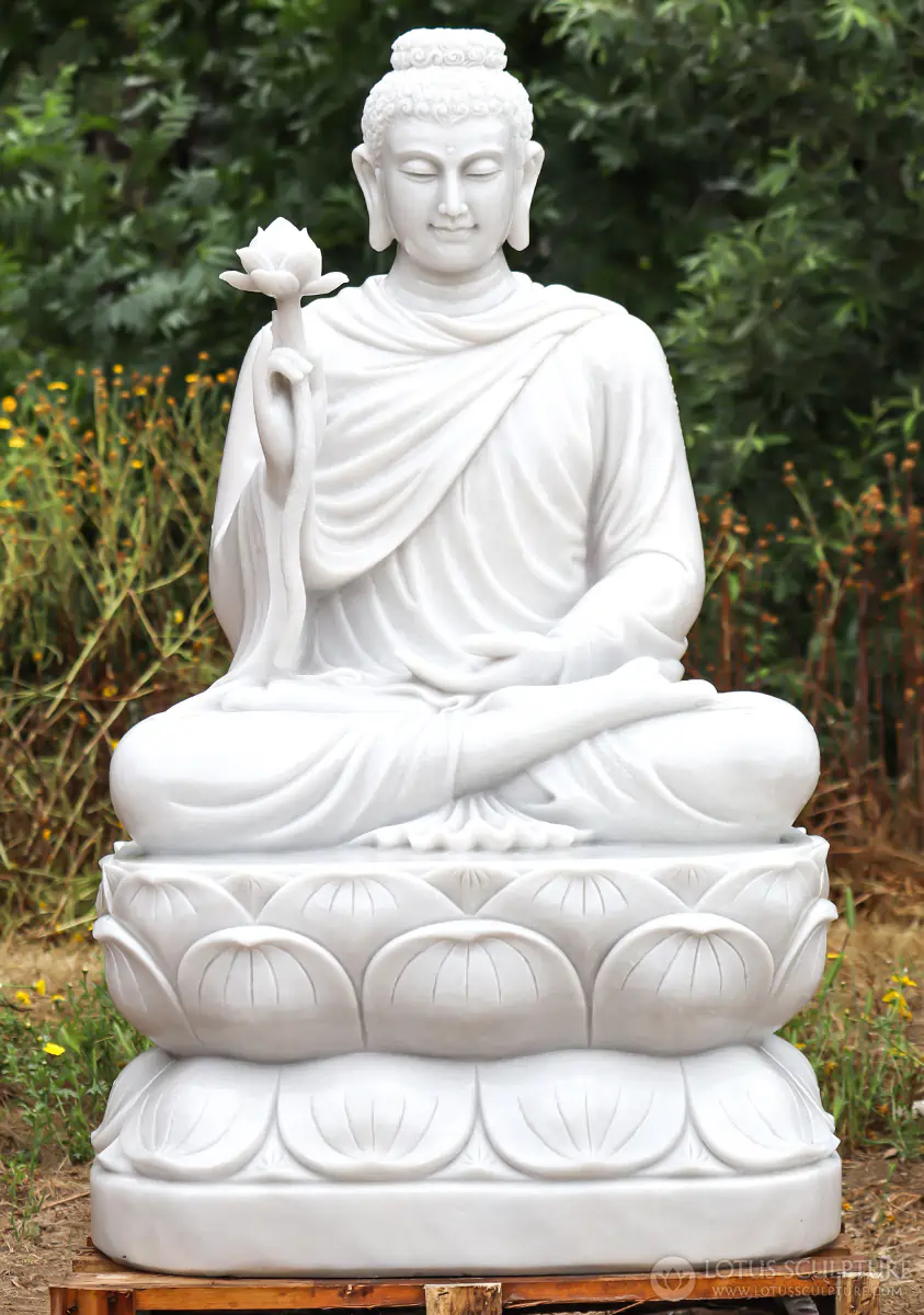 Buddha White Marble Garden Sculpture Holding Lotus Seated in Dhyana Meditation 48"