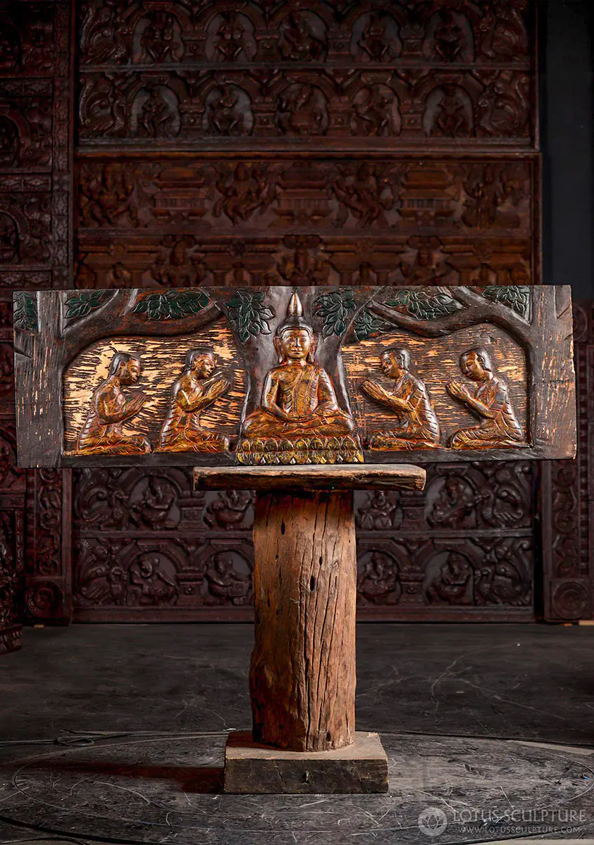 Buddha Reclaimed Wood Relief Panel Dhyana Mudra Disciples under Bodhi Tree 48"