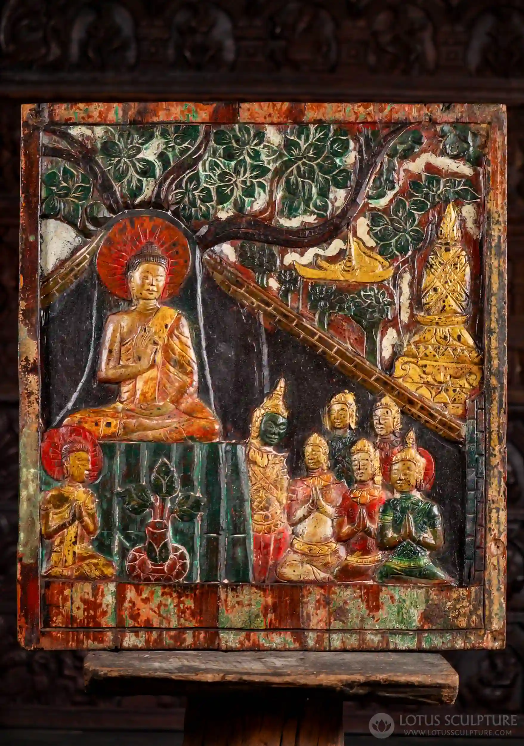 Buddha Wood Panel Sculpture in Abhaya Mudra Under Bodhi Tree Cambodia 29"