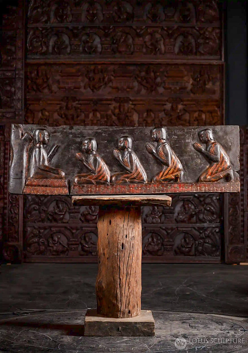 Buddha Wood Panel Sculpture Abhaya Mudra with Four Disciples under Bodhi Tree 45.5"