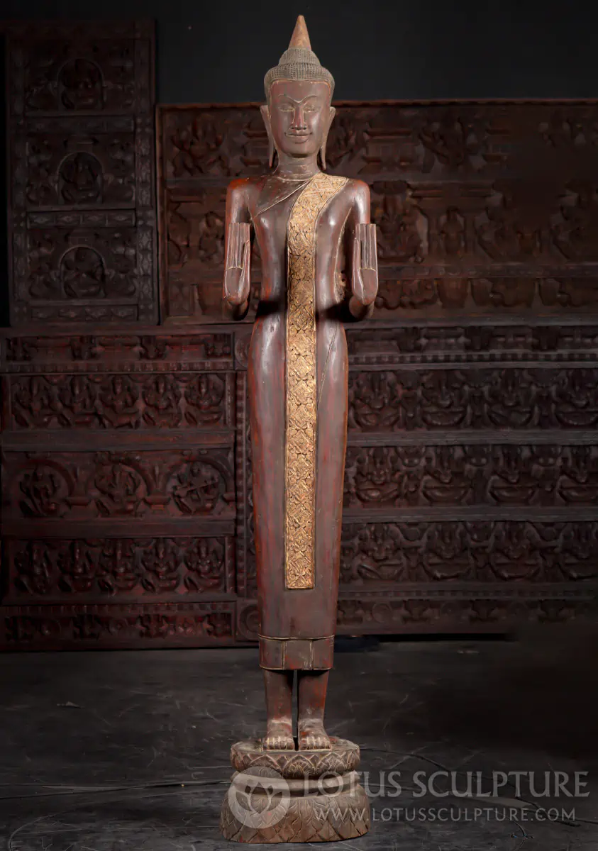 Buddha Wood Sculpture Double Abhaya Mudra Standing on Lotus Base Reclaimed Teak 83"