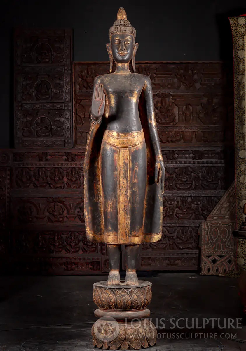 Buddha Reclaimed Teak Wood Sculpture Standing in Abhaya Mudra on Lotus Base 87"