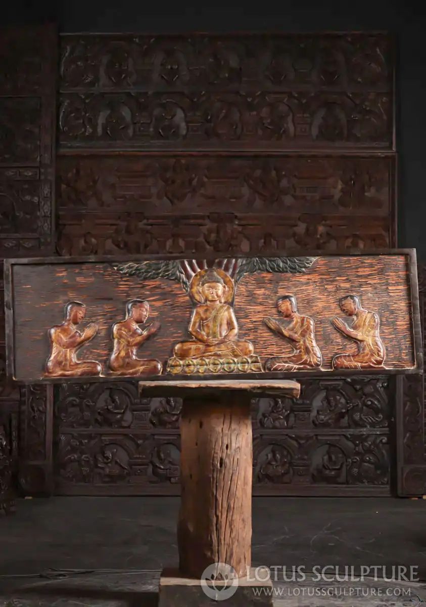 Buddha Teak Wood Relief Sculpture Panel in Dhyana & Padmasana, Bodhi Tree 51"