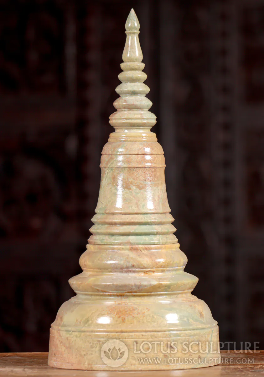 Buddhist Light Marble Stupa Sculpture with Removable Lid Carved in Cambodia 15.5"