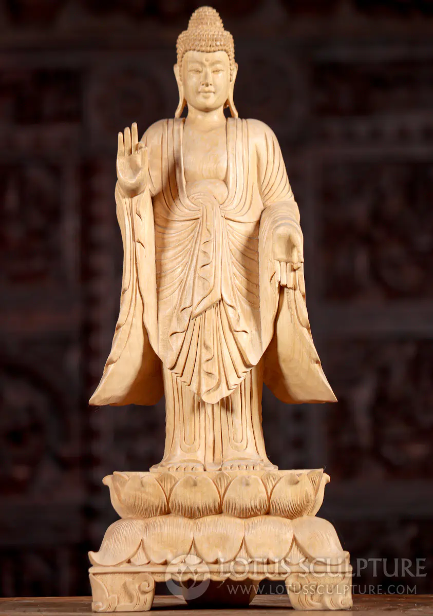 Buddha Light Wood Hand Carved Sculpture in Vitarka Mudra Standing on Lotus 20"