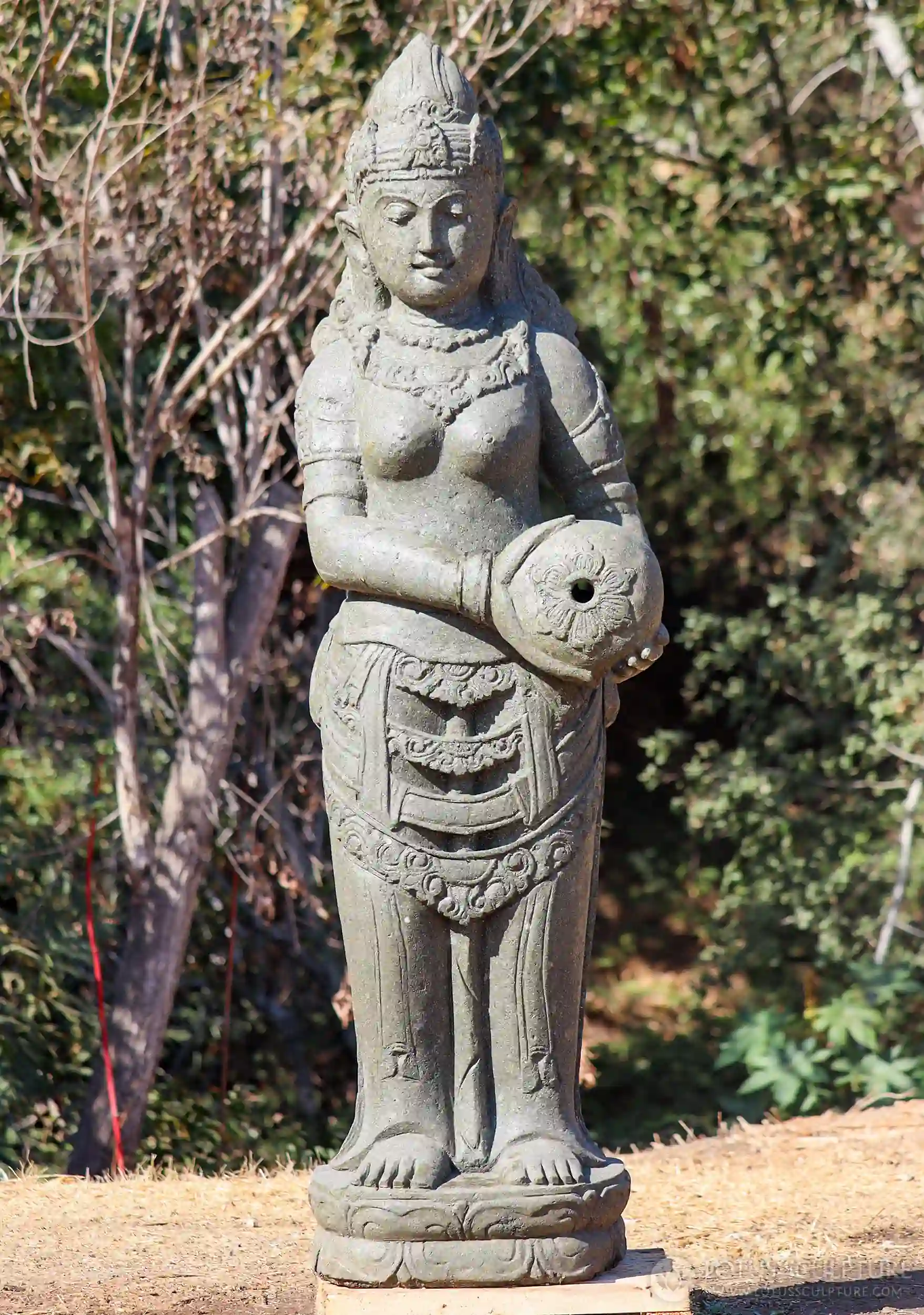 Devi Tara Sculpture Lava Stone Fountain Holding Water Jug Tall Garden Sculpture 59"