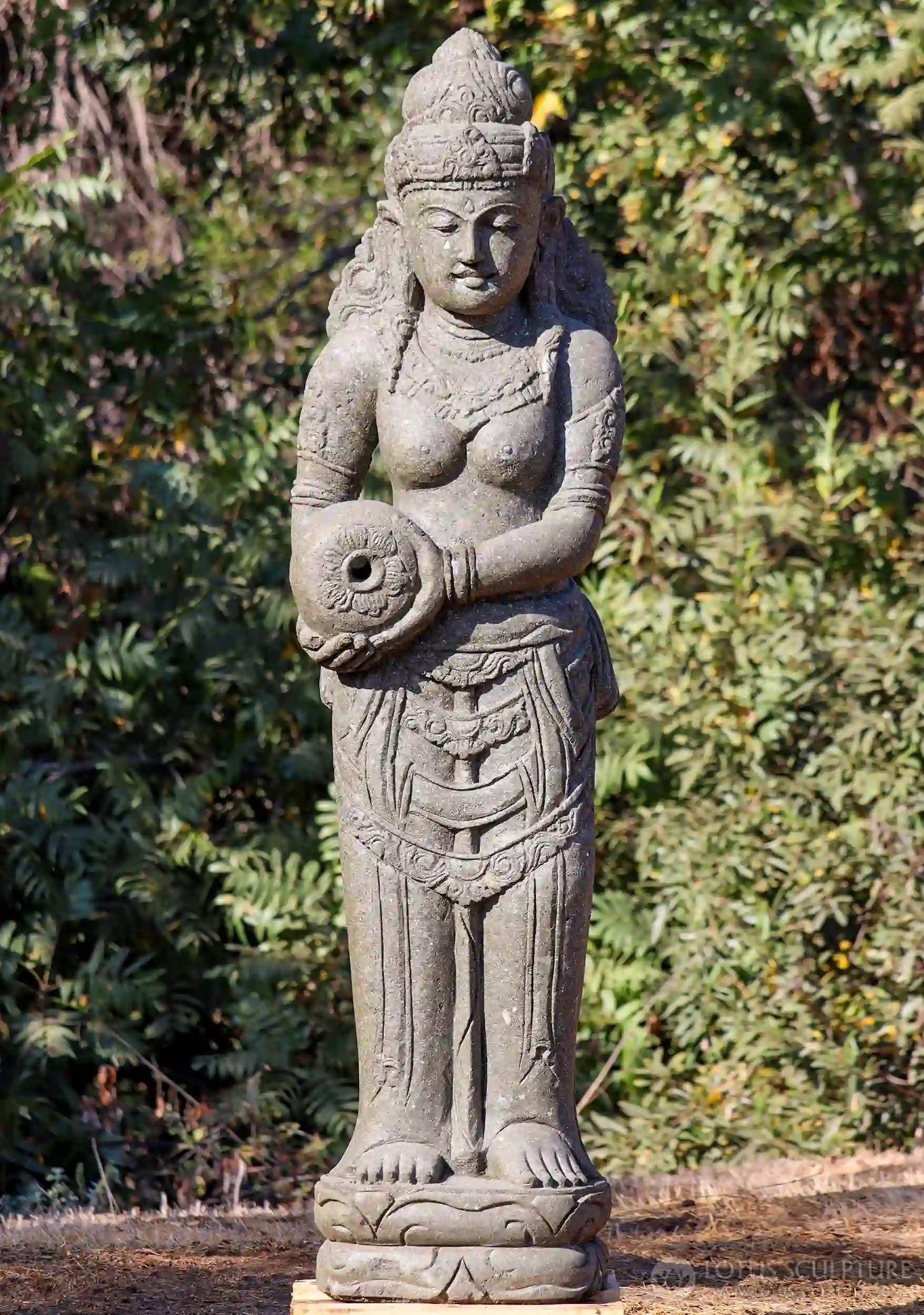 Devi Tara Statue Lava Stone Fountain Holding Water Jug Tall Garden Statue 62"