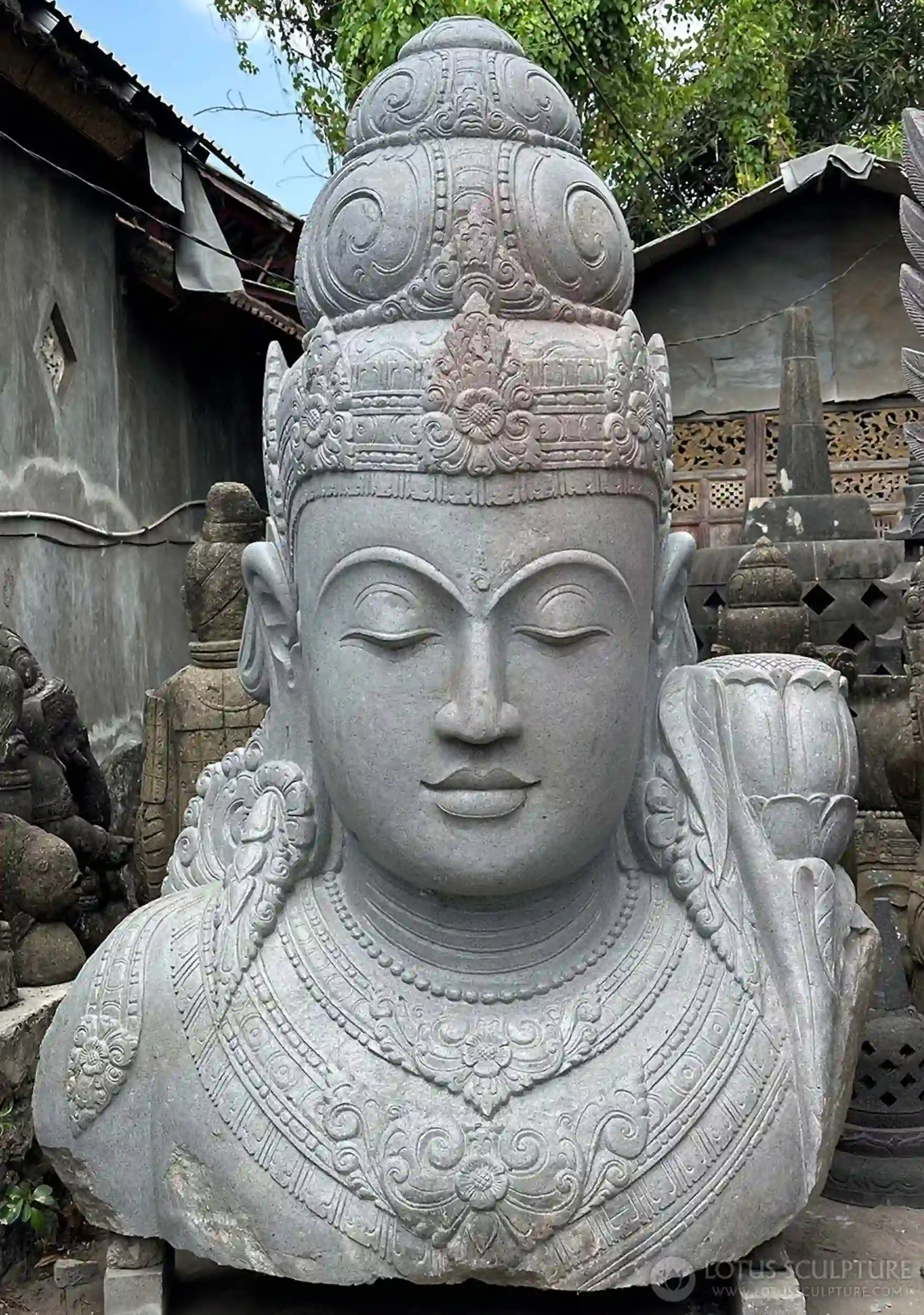Grand Tara Bust Sculpture Hand carved Lava Stone with Blooming Lotus Flower 88"