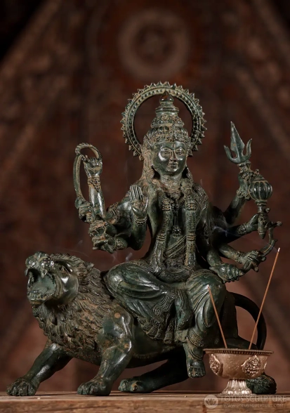 Durga Brass Statue with Multiple Arms Riding Lion in Abhaya Mudra, Indonesia 14"