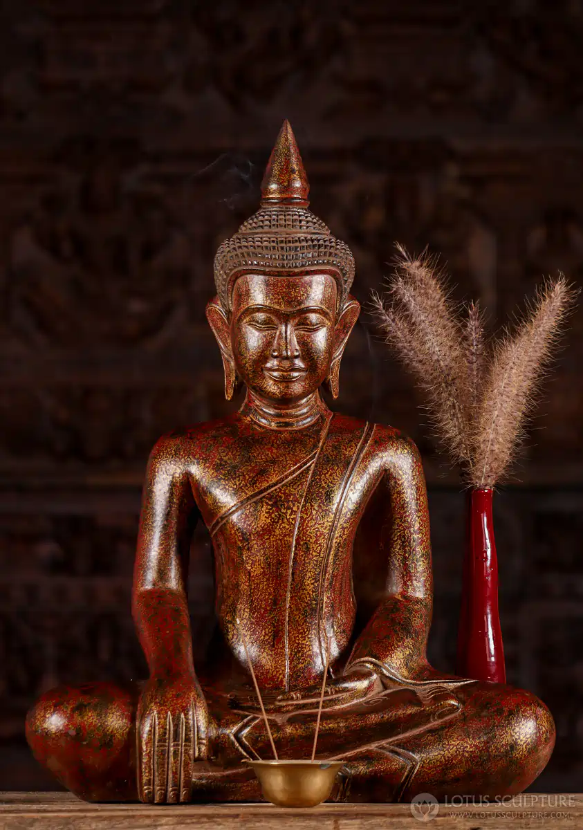 Buddha Wood Statue Cambodian Style Earth Touching Mudra Hand Painted Sculpture 21"