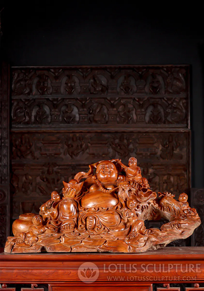 Hotei Buddha of Wealth Wood Sculpture with Gold Ingot & Children on Coins 40"