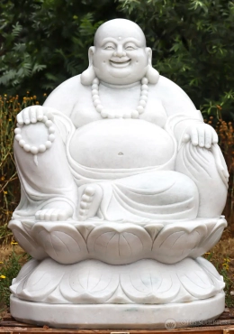 Laughing Hotei Buddha White Marble Garden Statue of Wealth Seated on Lotus Base 48" Laughing Hotei Buddha White Marble Garden Statue of Wealth Seated on Lotus Base 48"