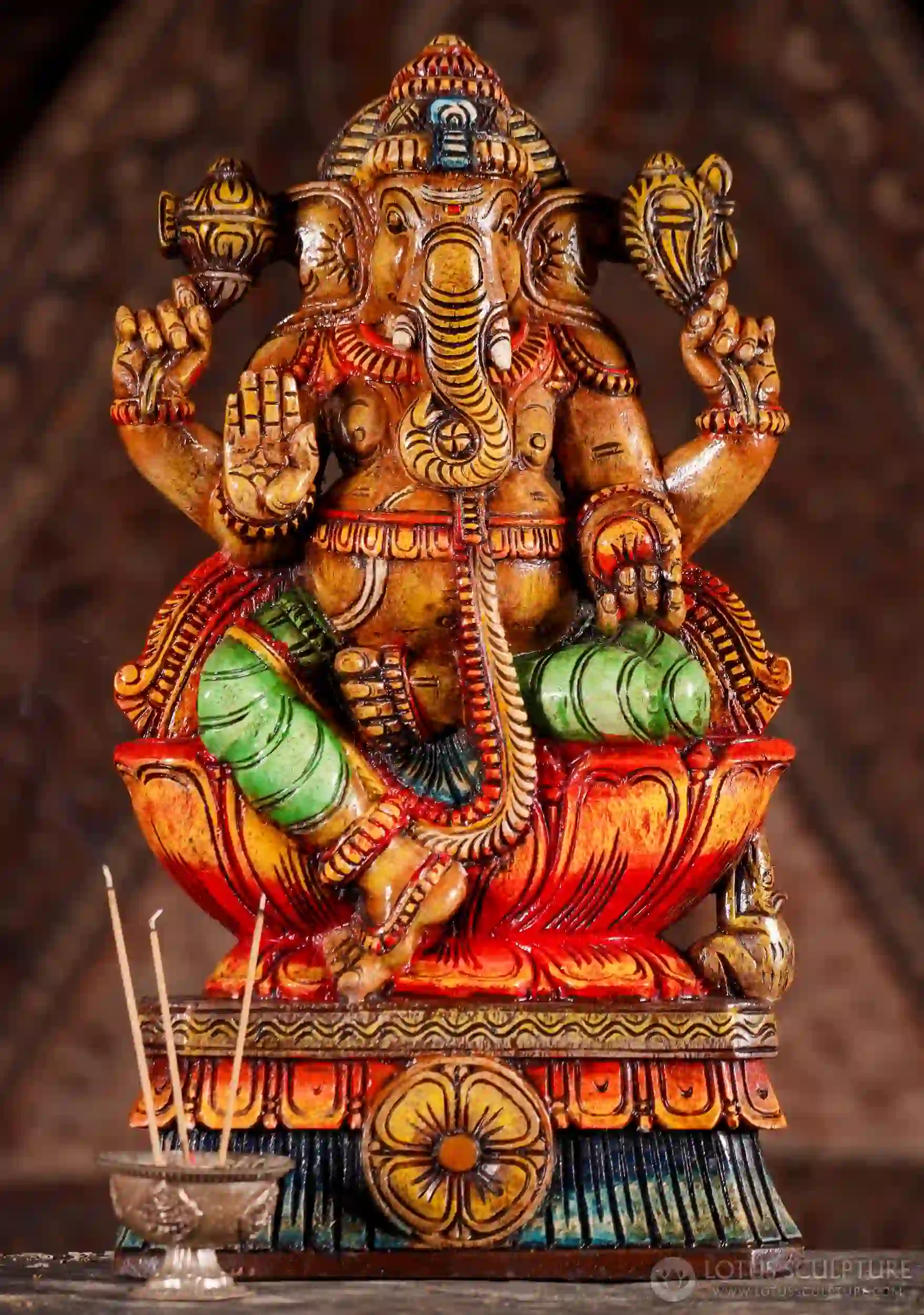 Ganesha Wood Sculpture in Abhaya Mudra & Lalitasana Hand Carved in India 18"