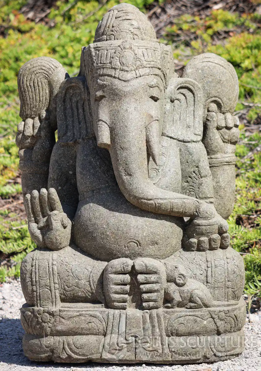 Ganesha Lava Stone Garden Statue in Abhaya Mudra with Mooshika, Indonesia 32"