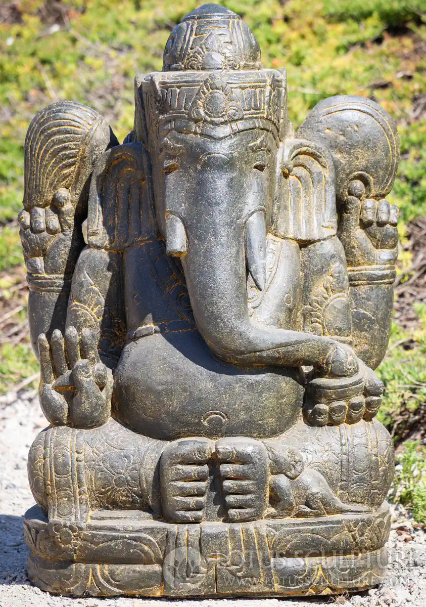 Ganesha Lava-Stone Garden Sculpture in Abhaya Mudra & Bhadrasana Position 32"