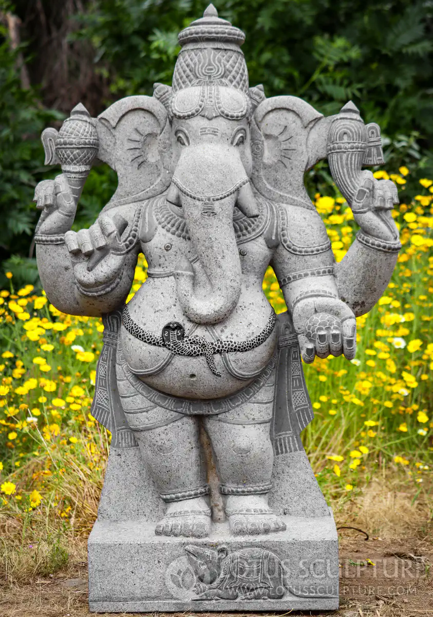 Ganesh Large Black Granite Sculpture Standing with Cobra Belt, Mooshika & Right-Curved Trunk 54"