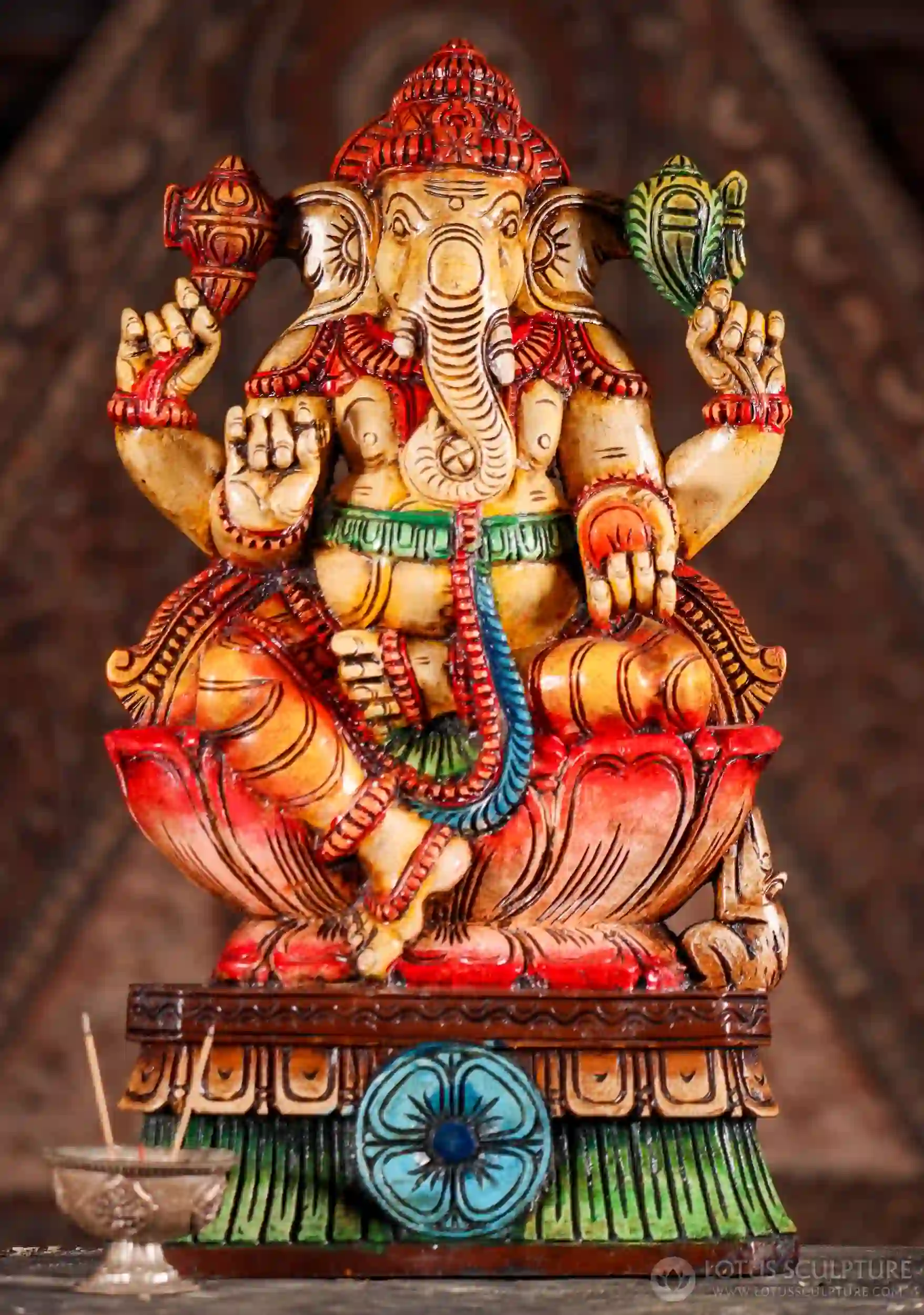 Ganesha Painted Wooden on Lotus with Right-Curved Trunk, Goad, Noose & Sweets 18"